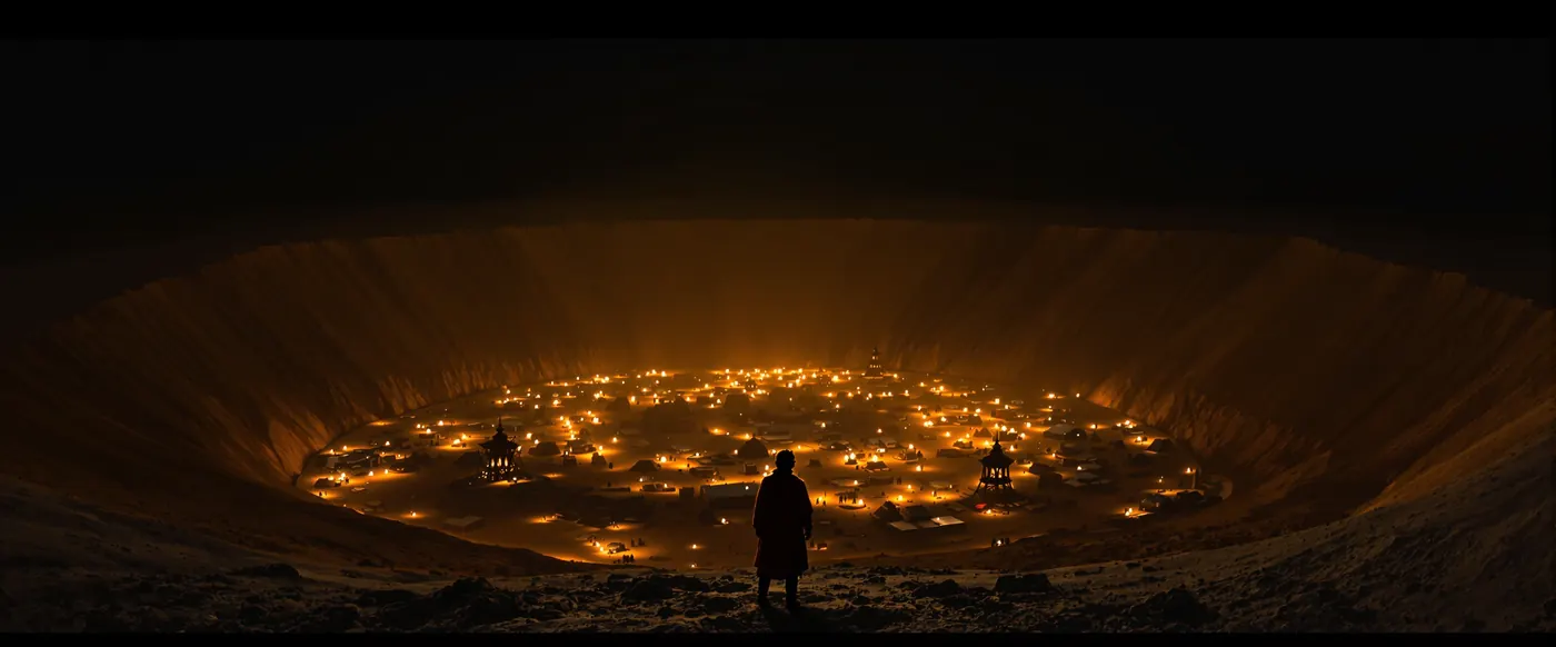 Looking down from the top of an earth berm into a hidden district of lantern-lit structures.