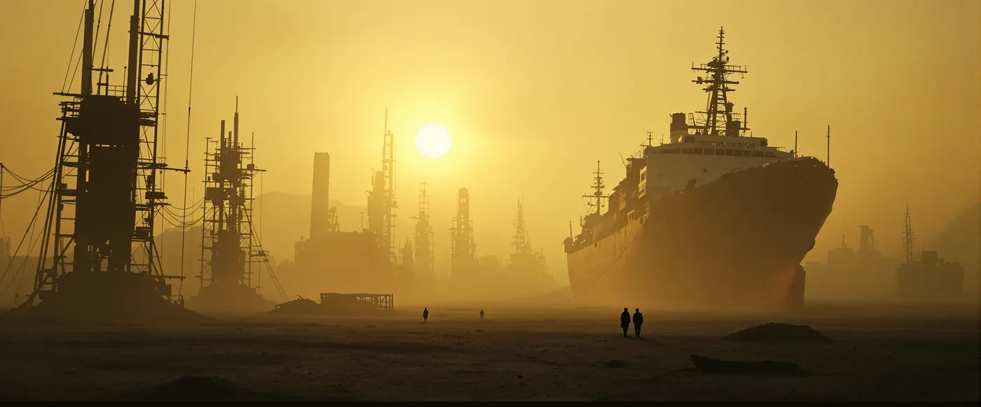 First light over a dusty plain, the silhouettes of towers and a ship hull emerging from the haze.
