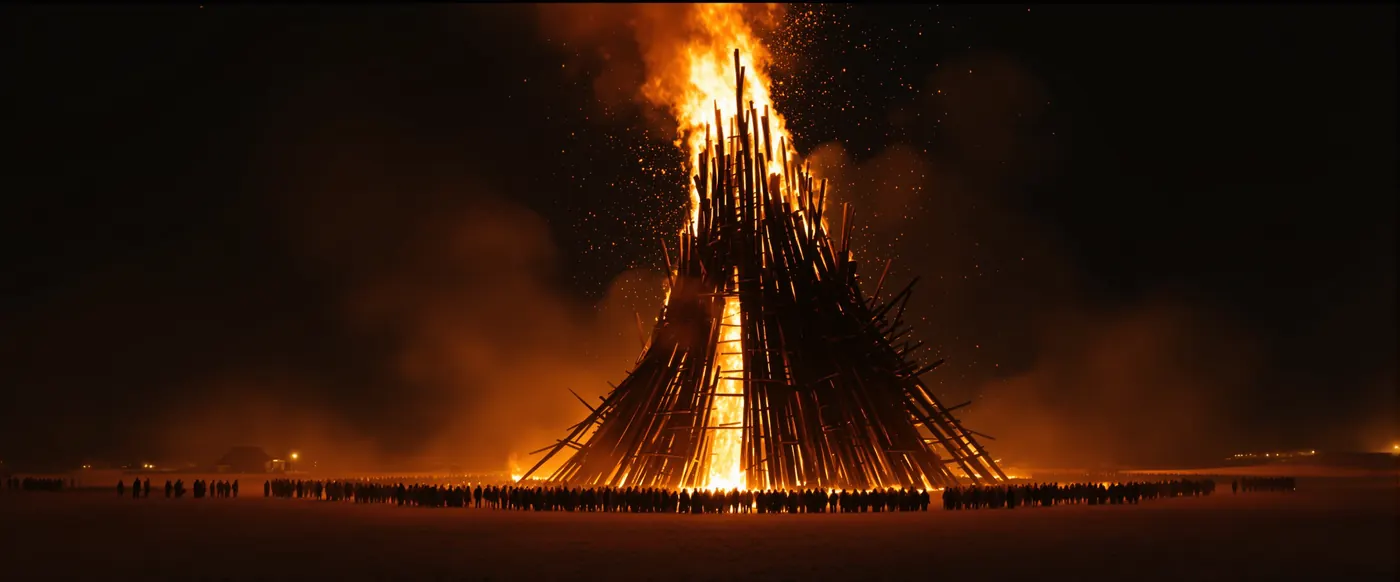 An enormous handmade sculpture burning on a dark plain, sparks rising hundreds of feet.