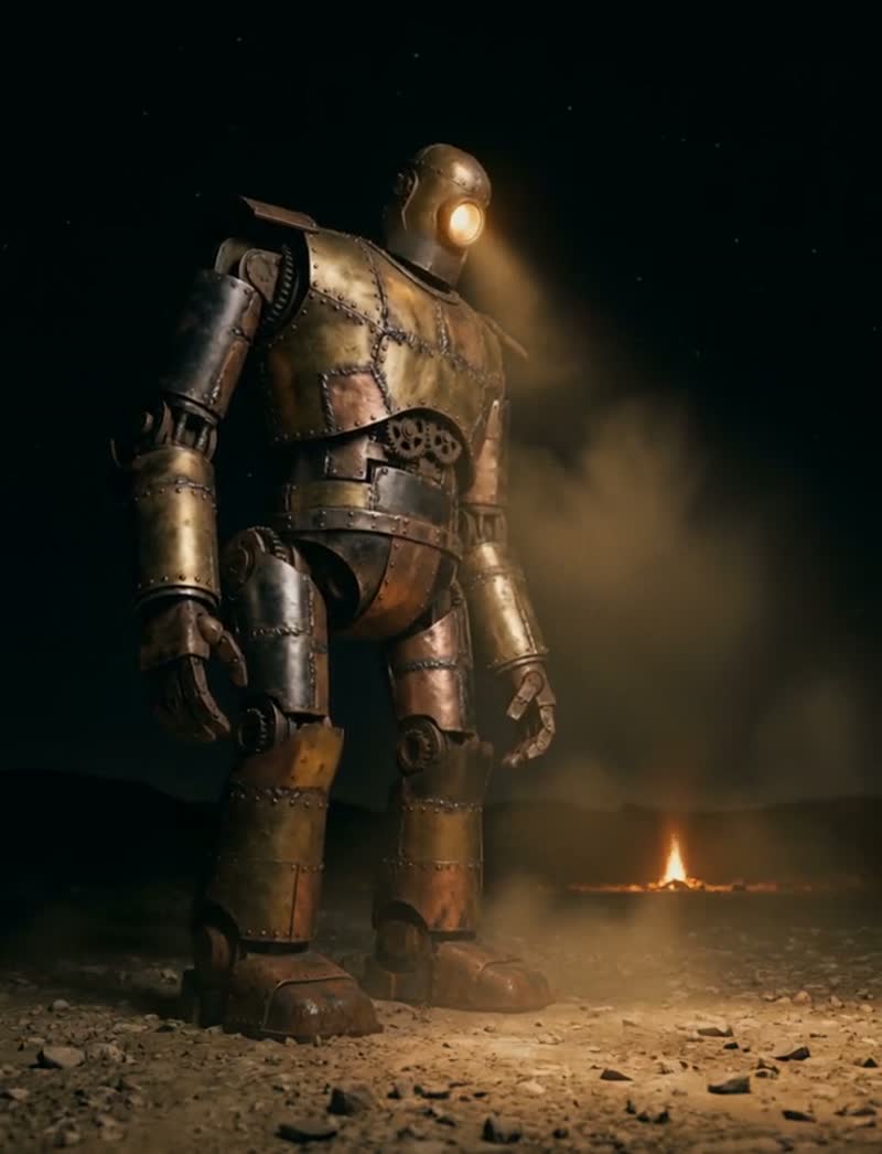 A four-metre automaton sentinel of brass and salvaged machinery, one amber lens glowing, standing in desert dust at night.