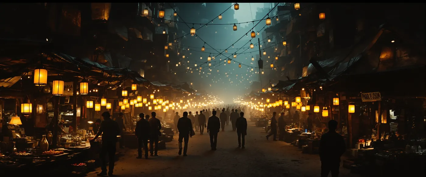 A long night market between towering improvised structures, hundreds of lanterns overhead.