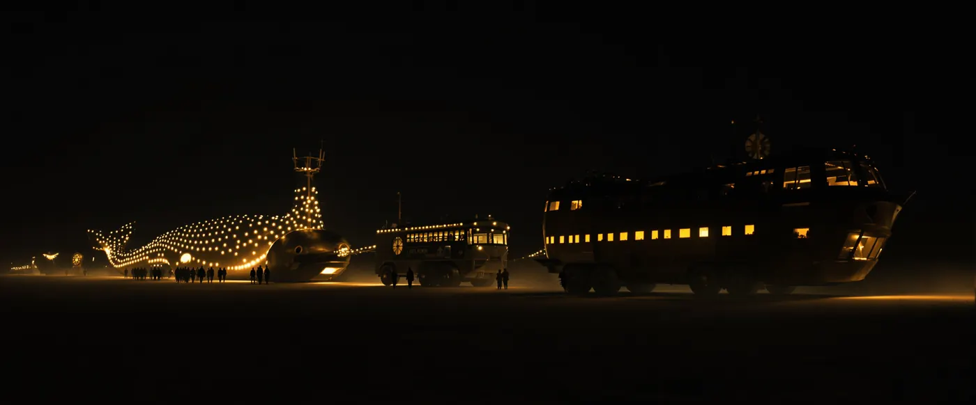A procession of enormous handmade art vehicles crossing a dark plain, trailing lanterns.